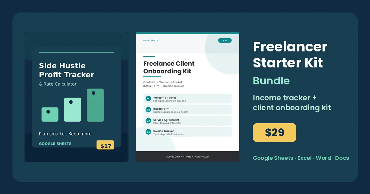 Freelancer Starter Kit bundle: the Side Hustle Profit Tracker and the Freelance Client Onboarding Kit covers side by side, $29