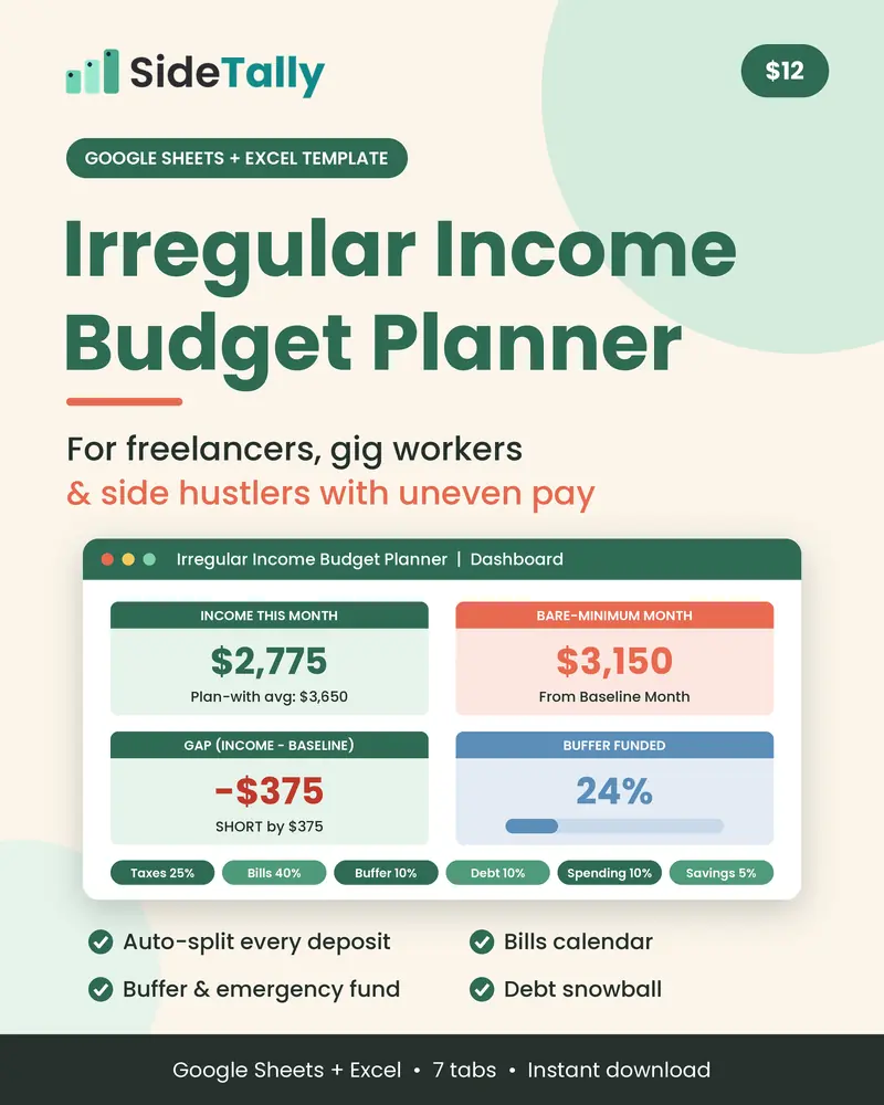 Irregular Income Budget Planner cover: a Google Sheets and Excel budget template for freelancers, gig workers and side hustlers with uneven pay, showing the dashboard with sample numbers, $12