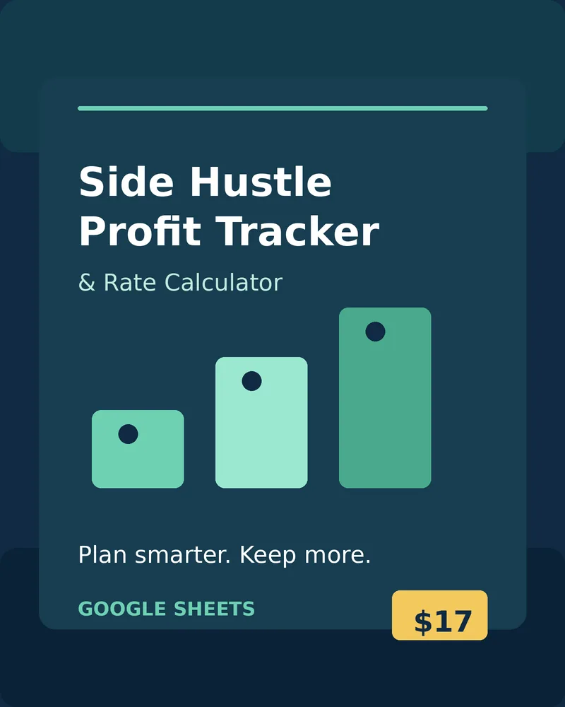 Side Hustle Profit Tracker and Rate Calculator cover: a Google Sheets spreadsheet for side hustle income, with three rising price-tag bars and a $17 price
